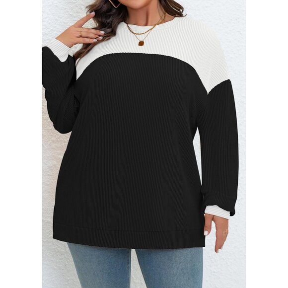 Plus Size Sweatshirt Color Block Long Sleeve Crewneck Casual Pullover - Picture 2 of 5
